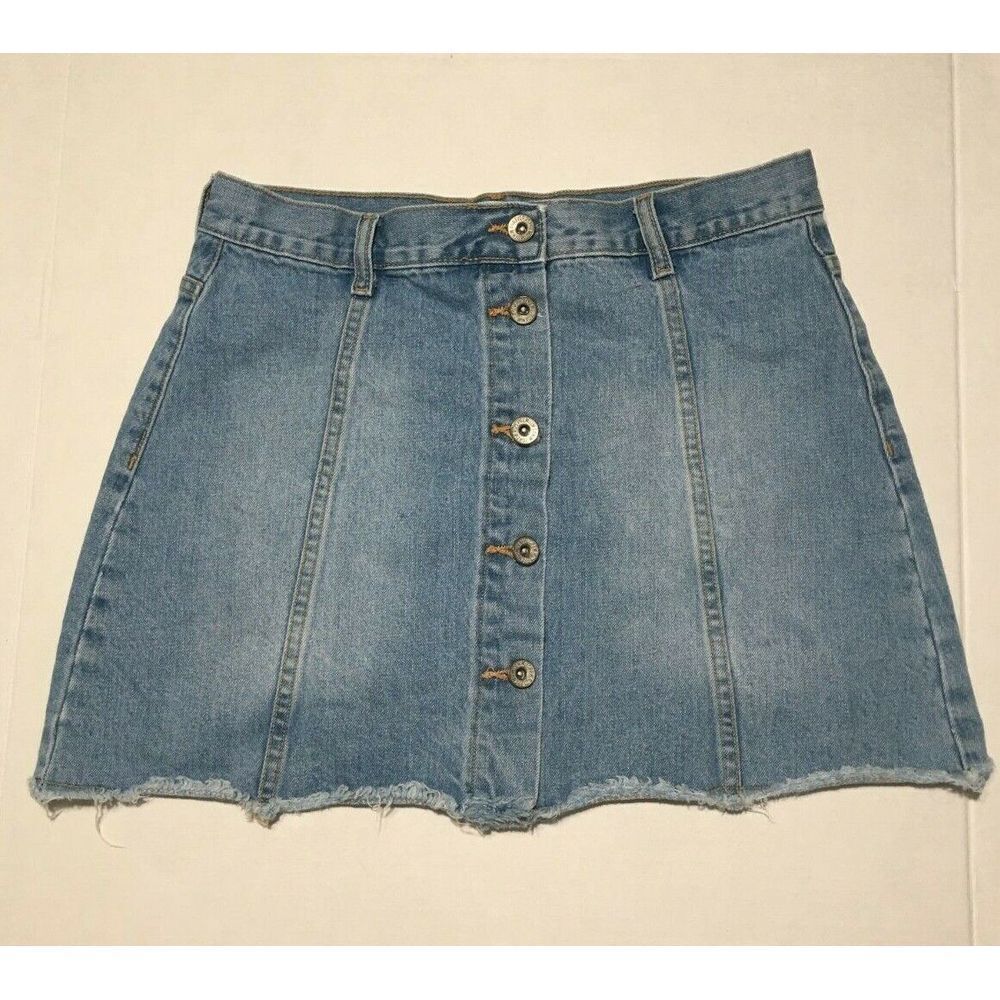 Forever‎ 21 Skirt Womens Size 29 Blue Denim Jean Mini Button Up Raw Hem